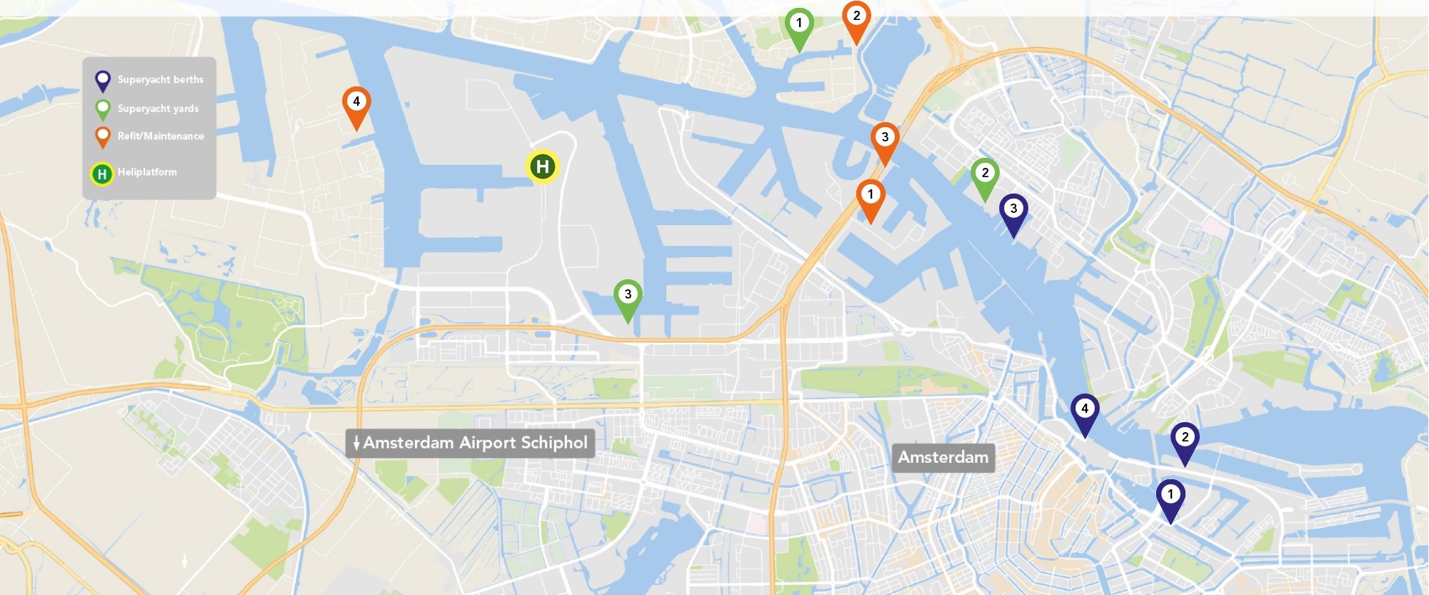 Alle locaties voor superjachten op de kaart van Amsterdam